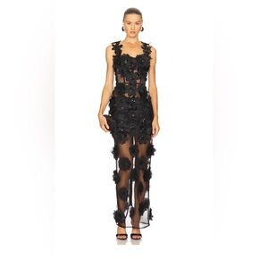 Bronx and Banco Black Sheer Floral Appliqué Maxi Dress